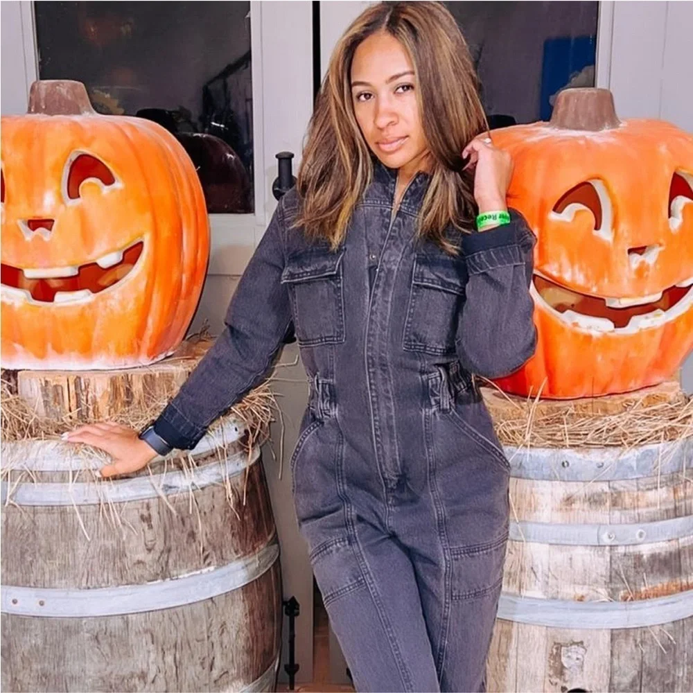 NWOT Women's Long Sleeve‎ Denim Jumpsuit - Universal Thread Washed Black 17
